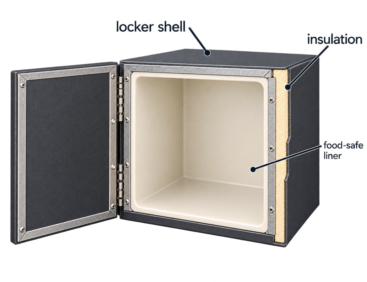 Cutaway of the base locker: locker shell, insulation and food-safe liner