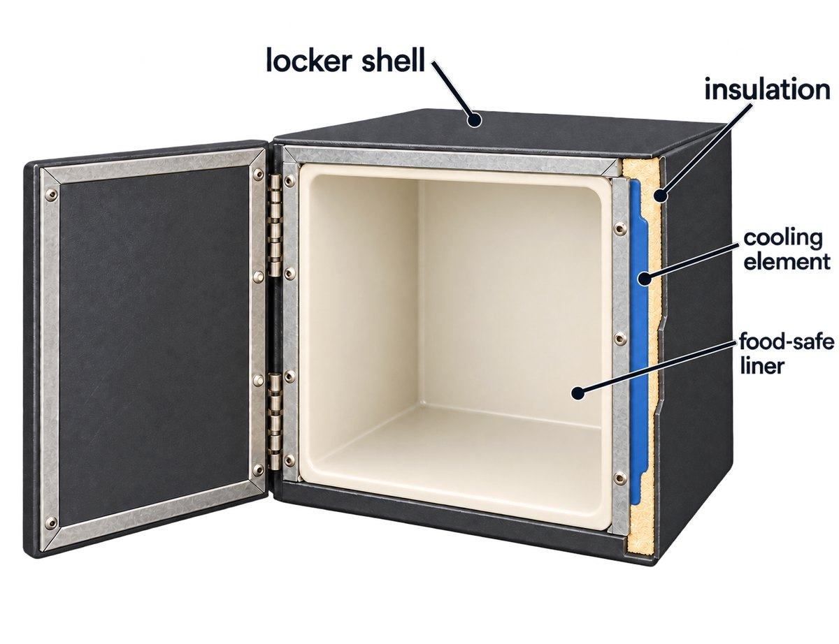Cutaway of a cooled locker: cooling element behind the food-safe liner