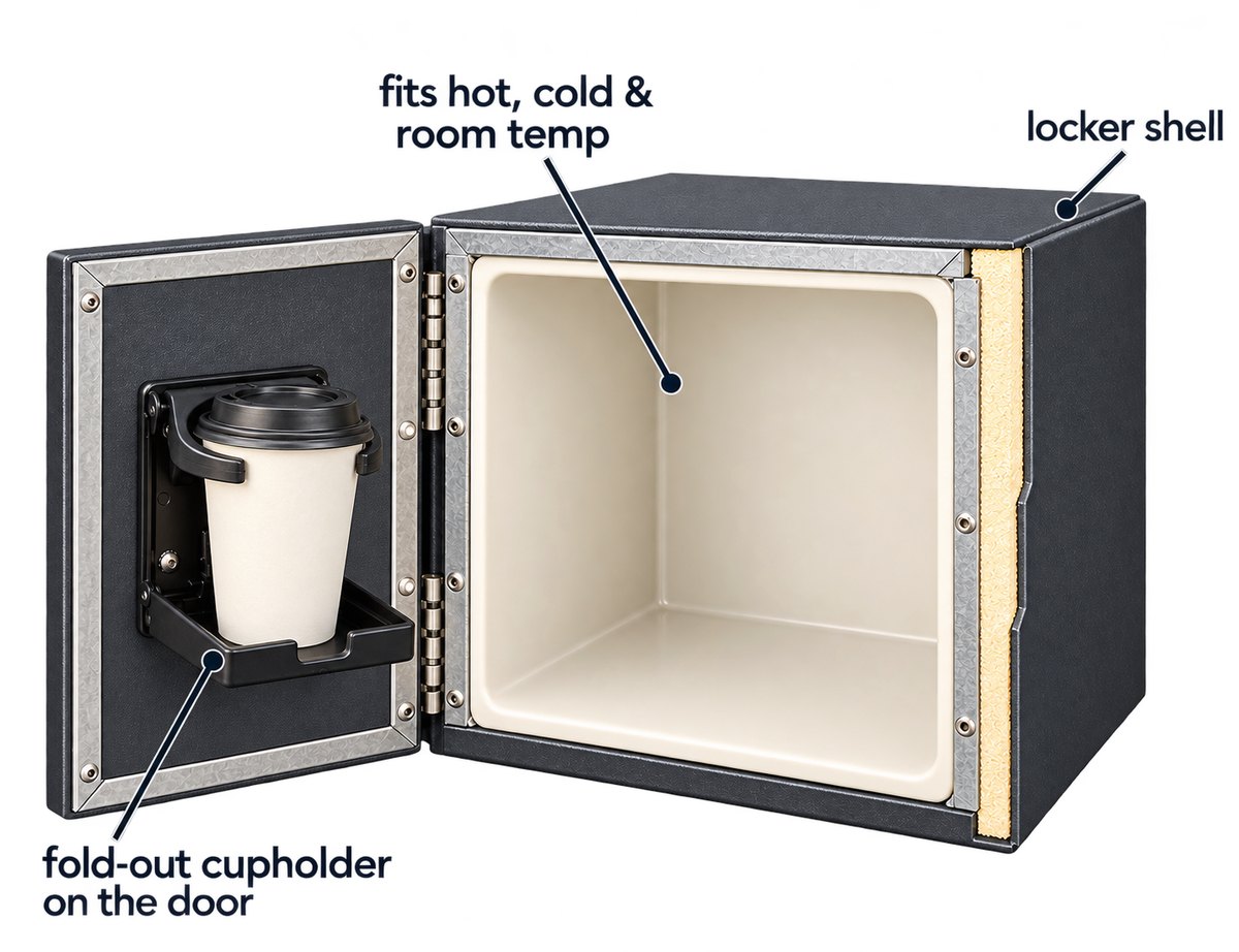Locker with the fold-out cupholder open on the door, holding a drink