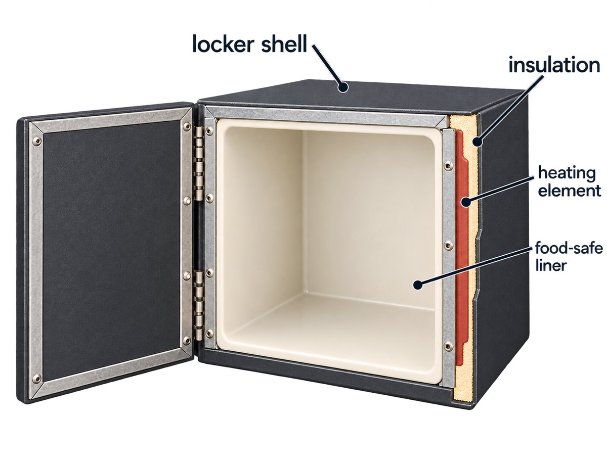 Cutaway of a heated locker: heating element behind the food-safe liner