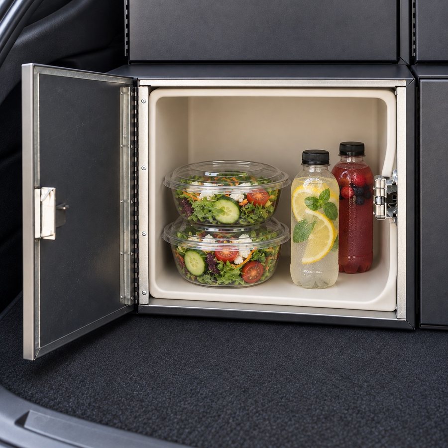 Cold locker with salads and drinks inside