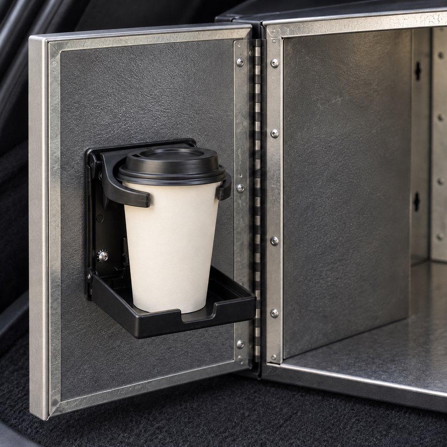 Locker door with the cupholder folded open holding a drink